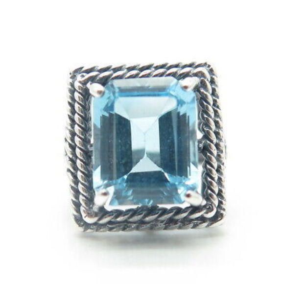 925 Sterling Silver Vintage Real Emerald-Cut Shaped Blue Topaz Ring Size 8 - Picture 3 of 9